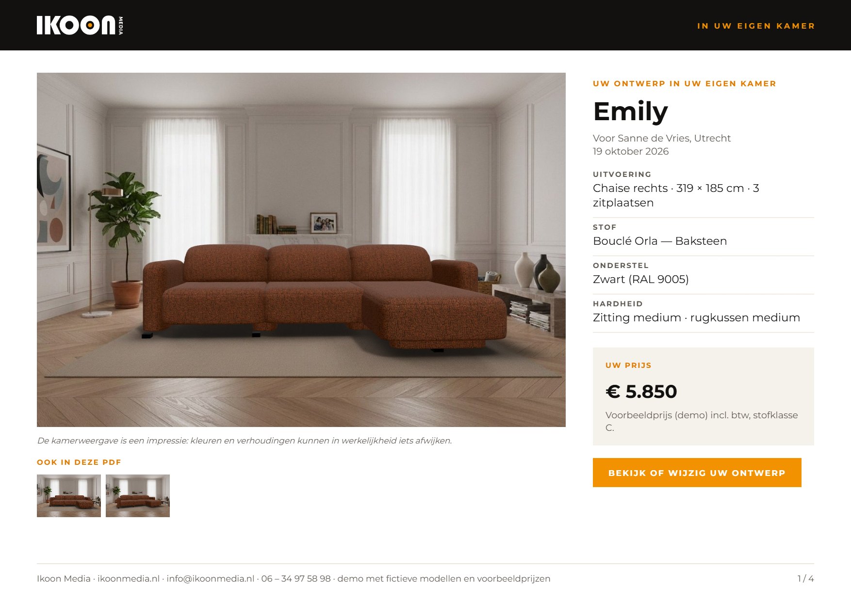 Voorbeeld van de PDF met het ontwerp in de eigen kamer, de samenstelling en de prijs