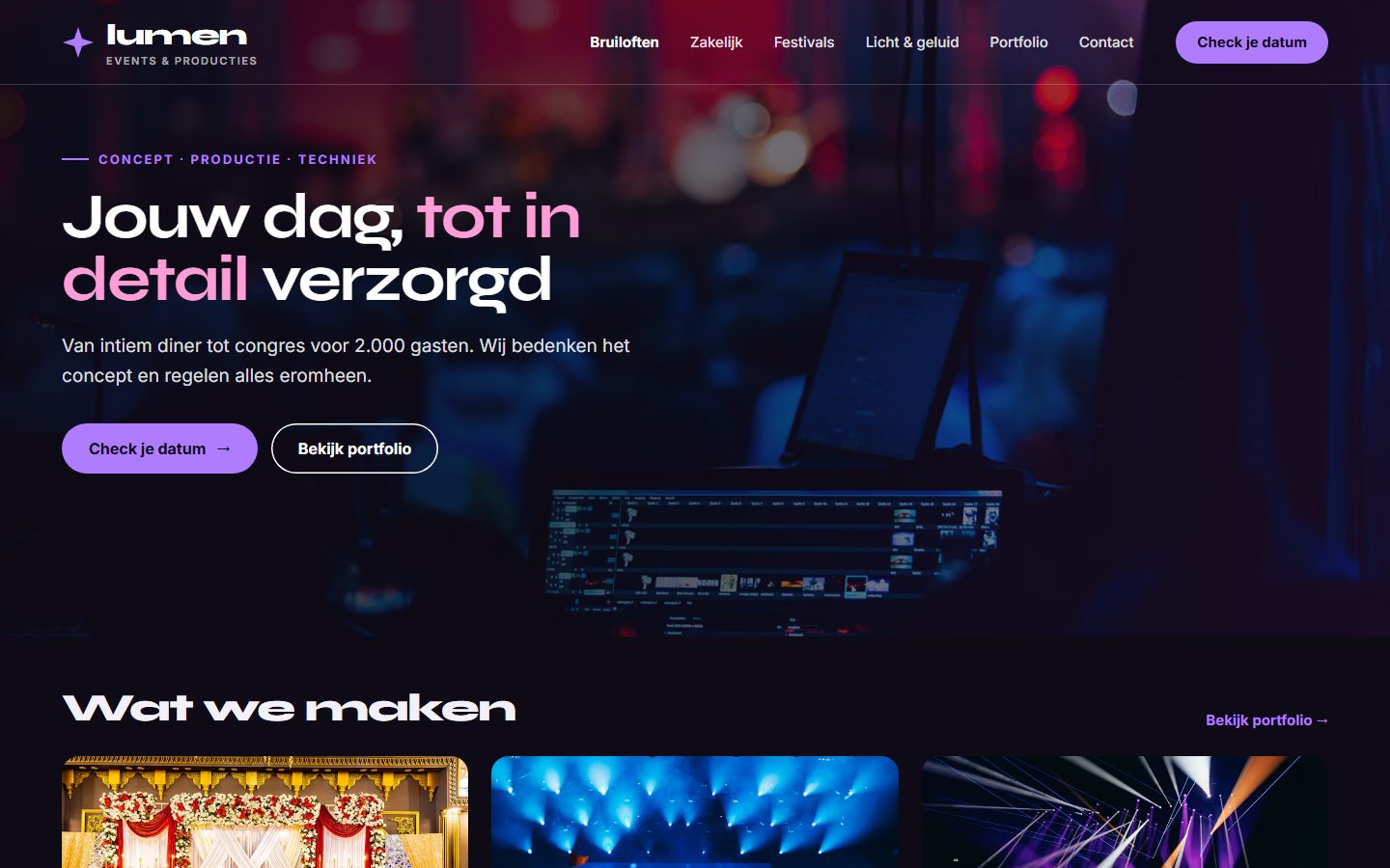 Example of a website for events and creative (fictional design)