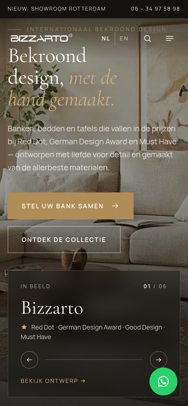 Website van Bizzarto Nederland op een telefoon