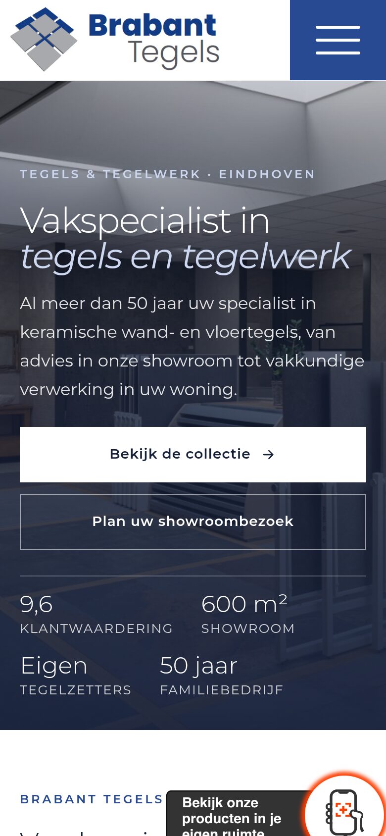 Website van Brabant Tegels Eindhoven op een telefoon