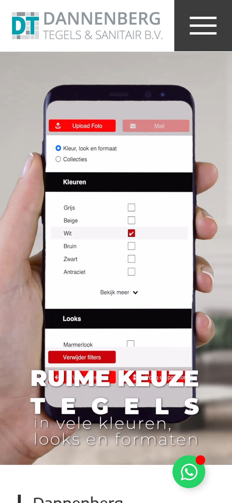 Website van Dannenberg Tegels en Sanitair op een telefoon
