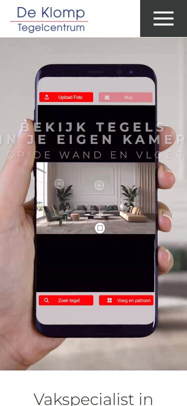 Website van Tegelcentrum De Klomp op een telefoon