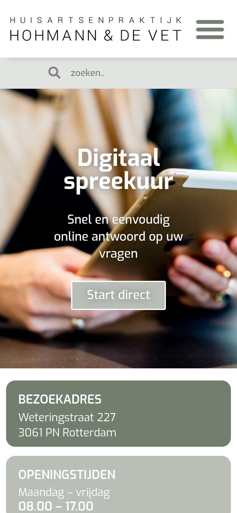 Huisartsenpraktijk Hohmann en de Vet website on a phone