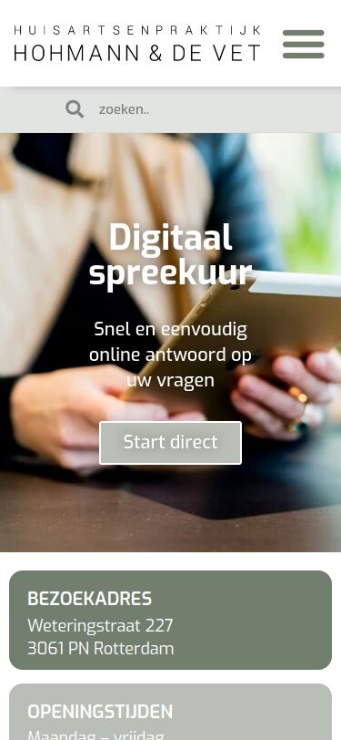 Website van Huisartsenpraktijk Hohmann en de Vet op een telefoon