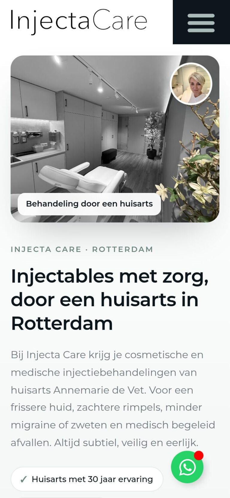 Website van Injecta Care op een telefoon