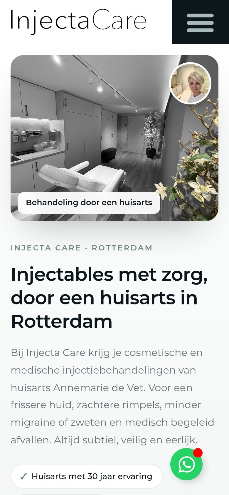 Website van Injecta Care op een telefoon
