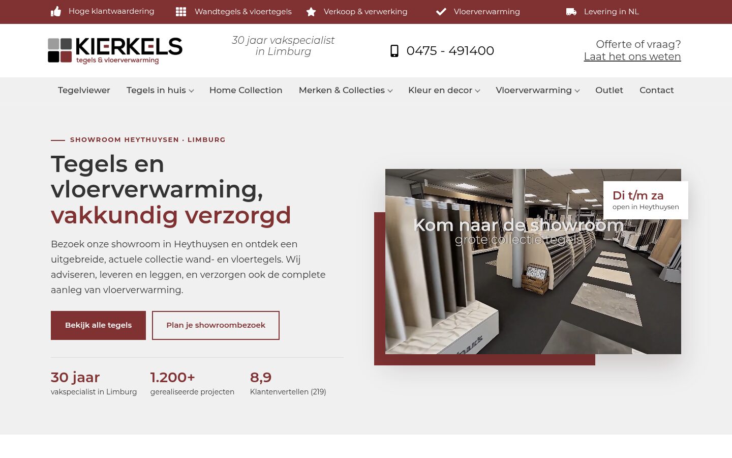Website van Kierkels Tegels en Vloerverwarming op een laptop