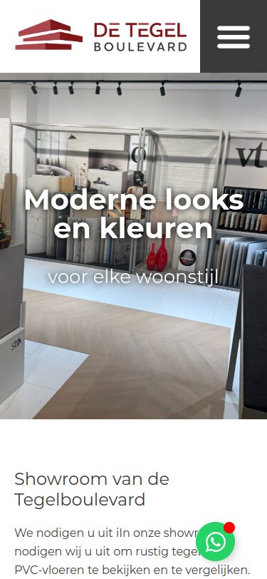 Website van De Tegelboulevard op een telefoon