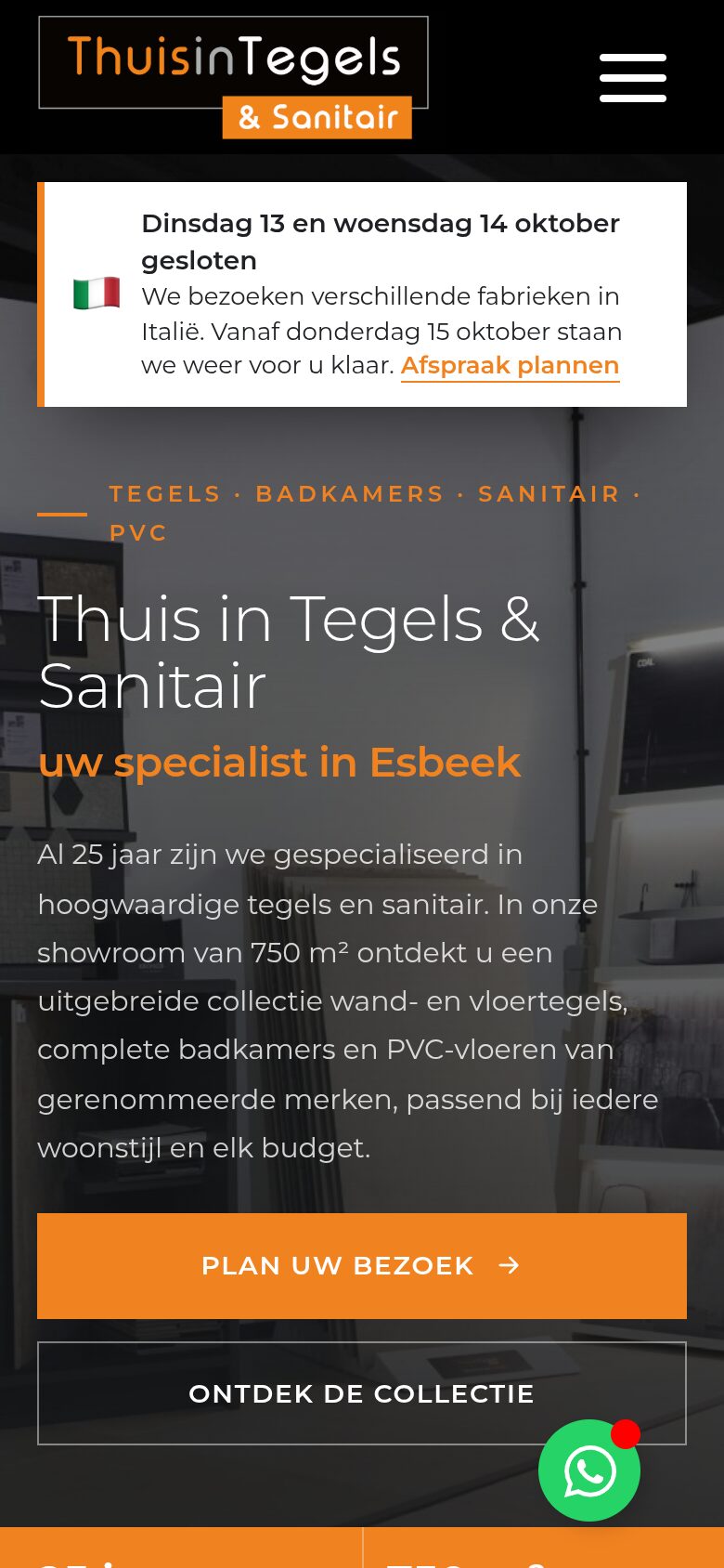Website van Thuis in Tegels & Sanitair op een telefoon