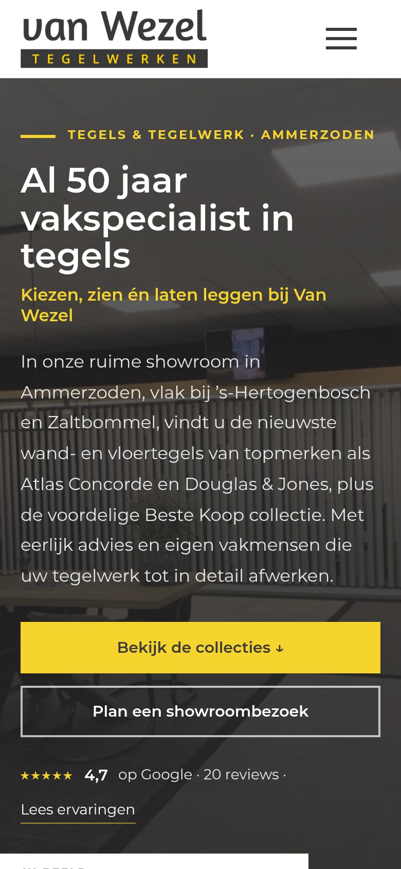 Website van Van Wezel Tegelwerken op een telefoon