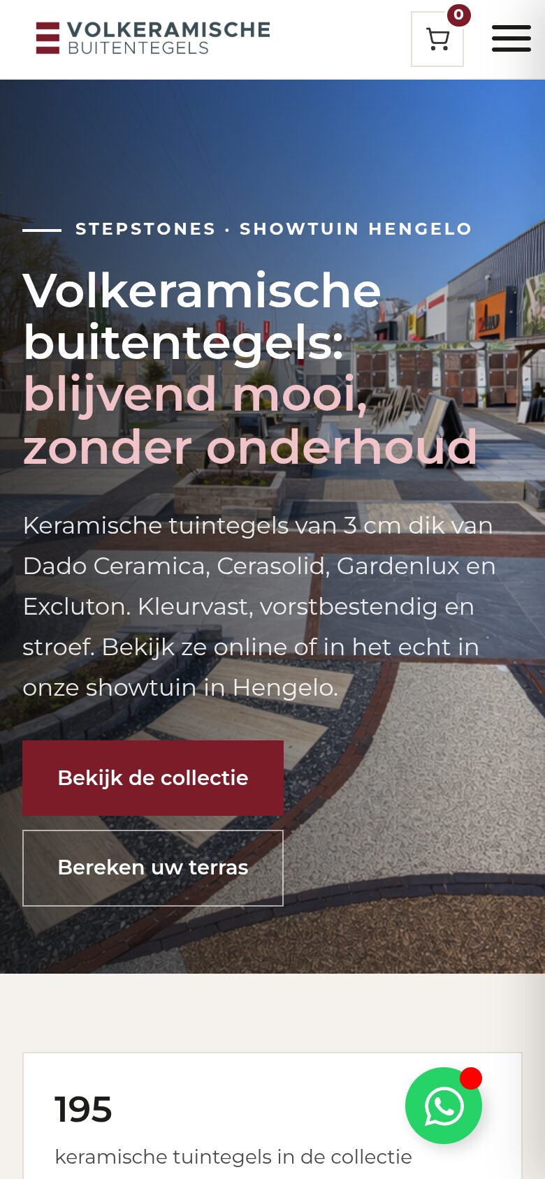 Website van Volkeramische Buitentegels op een telefoon
